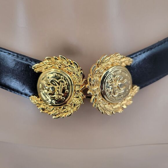 Black Leather Belt with Gold Toned Crest Medallions Conchos - Picture 3 of 12